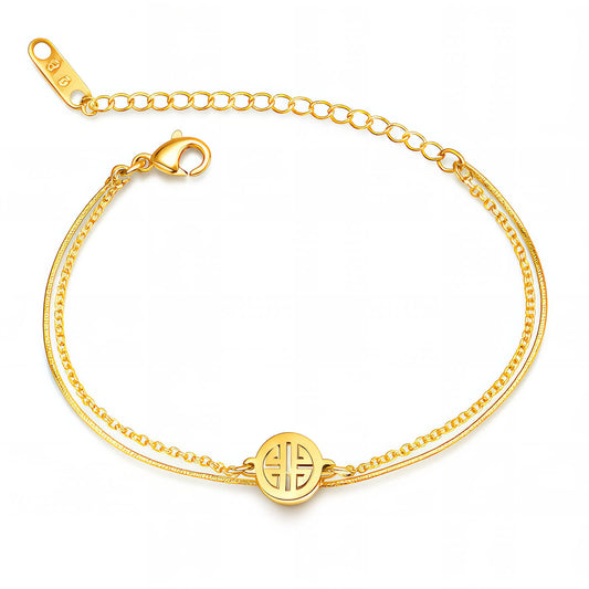 CIRCLE PENDANT DOUBLE BRACELET, 18K GOLD PLATED STEEL