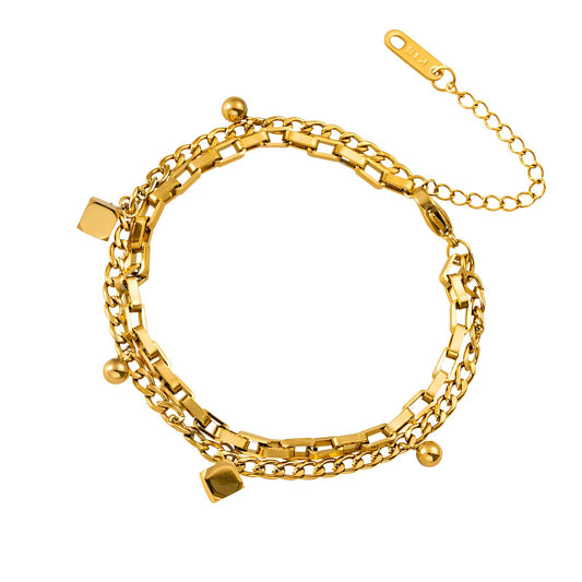 DOUBLE BRACELET SPHERE AND CUBES, 18K GOLD PLATED STEEL