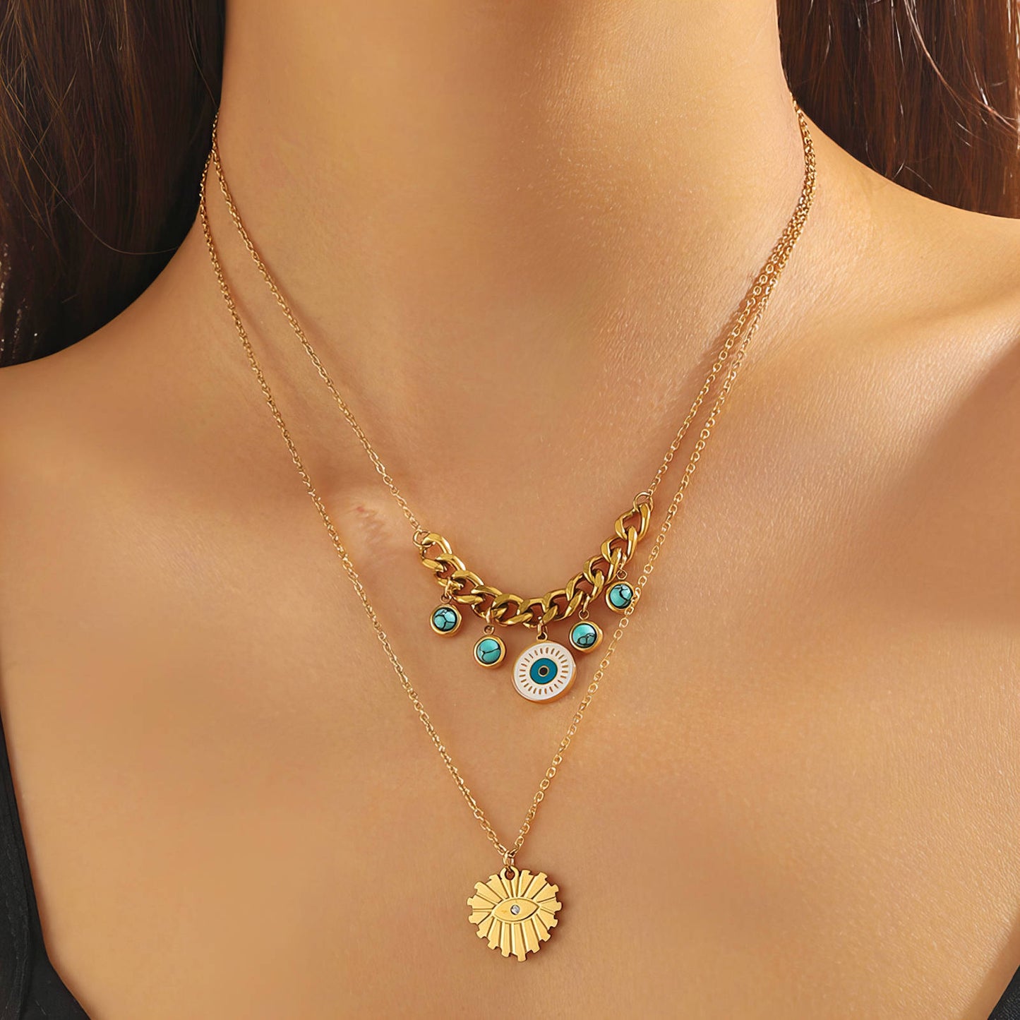 "Evil Eyes" Necklace, 18K Gold Plated Steel