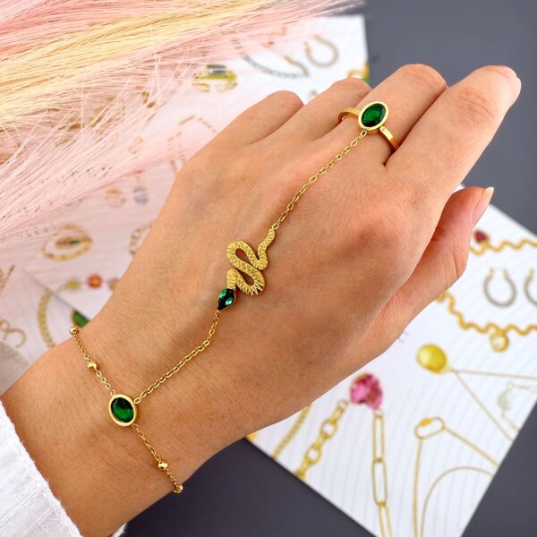 "SNAKE" BRACELET & RING COMBO, 18K GOLD PLATED STEEL