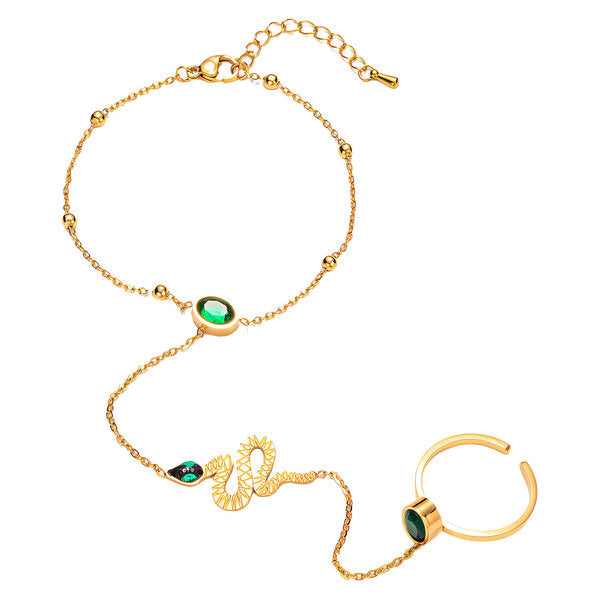 "SNAKE" BRACELET & RING COMBO, 18K GOLD PLATED STEEL